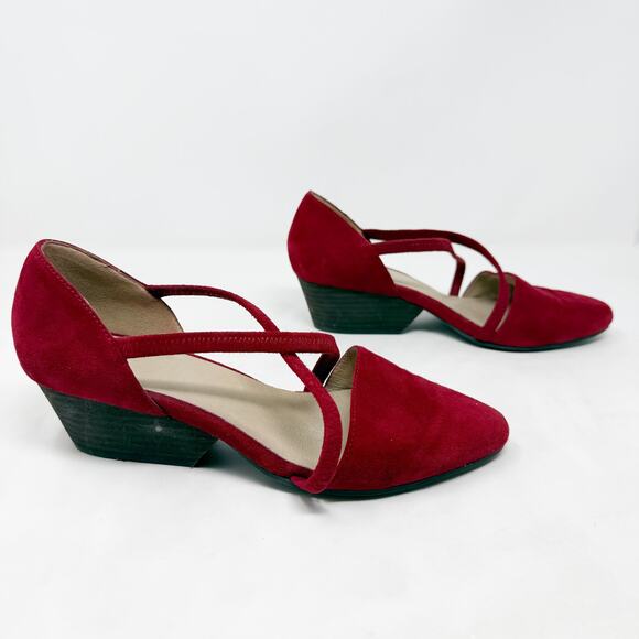 [Eileen Fisher] Red Suede Leather Poet Crisscross Straps Block Heel Pumps Sz 8.5 - Picture 1 of 11